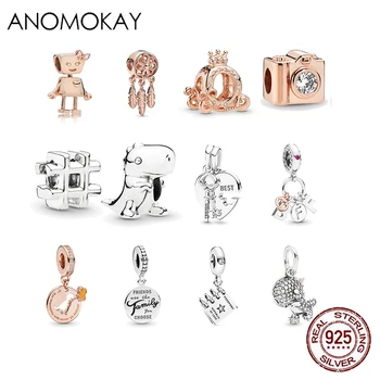 

Anomokay New Real 925 Silver Mix Style Dinosaur Heart Charms for Bracelet & Bangle Gold Color Dream Catcher Robot Pendant Beads