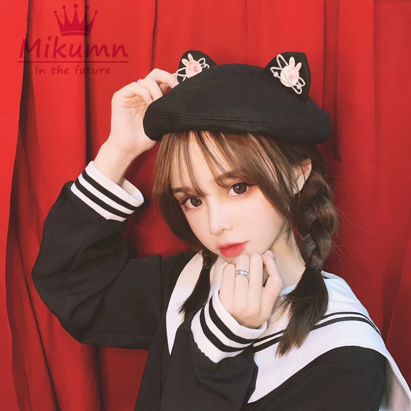 Японский Harajuku милая девушка кошка уха вышивка шерстяной берет шляпа художника шляпа осень зима