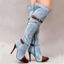 Женские джинсовые сапоги выше колена на высоком каблуке с острым носком; Женская обувь в стиле панк; зимние пикантные высокие сапоги до бедра на платформе