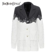 TWOTWINSTYLE модного цвета, в стиле пэчворк, женские зимние пальто, воротник с лацканами, длинный рукав, трикотажная куртка, элегантная женская мода, новинка