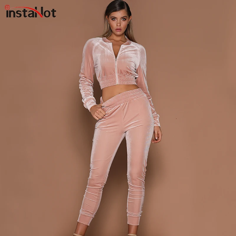 

InstaHot Solid Velvet Two Piece Set Zipper Up Round Neck Crop Top and Elastic Pencil Pants Women Autumn Winter Tracksuit 2019