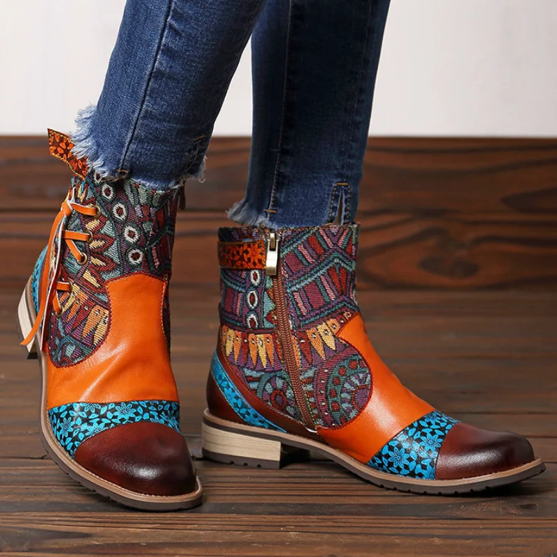 Winter Ethic Retro Women's Boots Multi Totem Print Patchwork Chunky Heel Buckle Lace Up Leisure Vintage Shoes Ladies Female 2020 | Обувь
