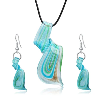 

HF JEL Ethnic Inspired Murano Glass Twist Dagger Pendant Dangle Earrings Necklace Sets Blue Murano Glass Lampwork Jewelry Sets