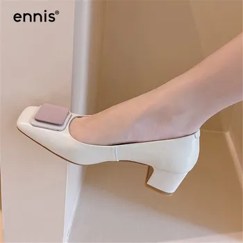

ENNIS Vintage Square Toe Pumps Square Heel Shoes Woman Pumps Genuine Leather Middle Heels Fashion Designer Ladies Shoes P0048