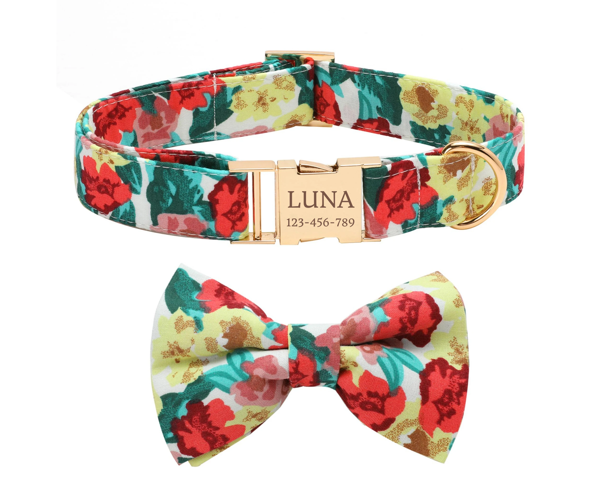 Personalized Dog Collar And Leash, Custom Dog Collar Bow Tie, Small Large Floral Flower Dog