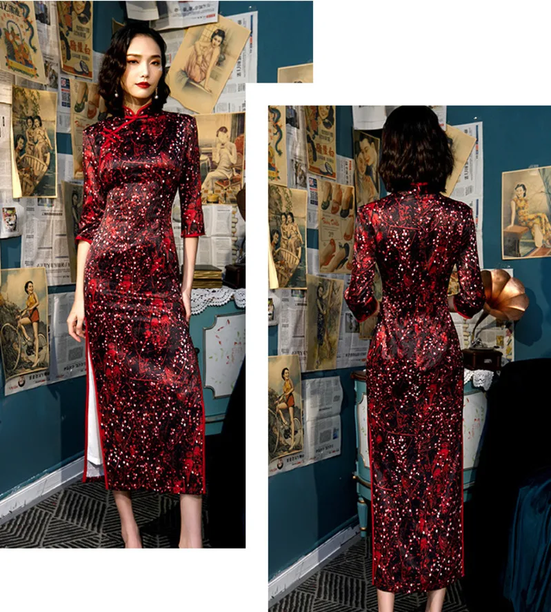 Sheng COCO дамы S-4XL Drak красный черный cheongsam платье осень длинный рукав шелк Qipao Китайский Чонсам в ретростиле классический Qipao
