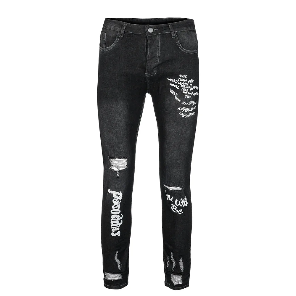 1 шт. мужские всесезонные мужские новые черные эластичные брюки для ног с буквенным принтом модные джинсы M0909