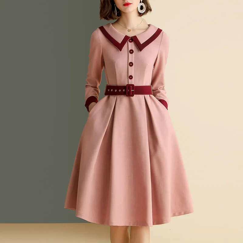 

Europe And America New Style Big Hemline Skirt Slim Fit Slimming Ol Elegant Joint Peter Pan Collar Large Size Dress Women's