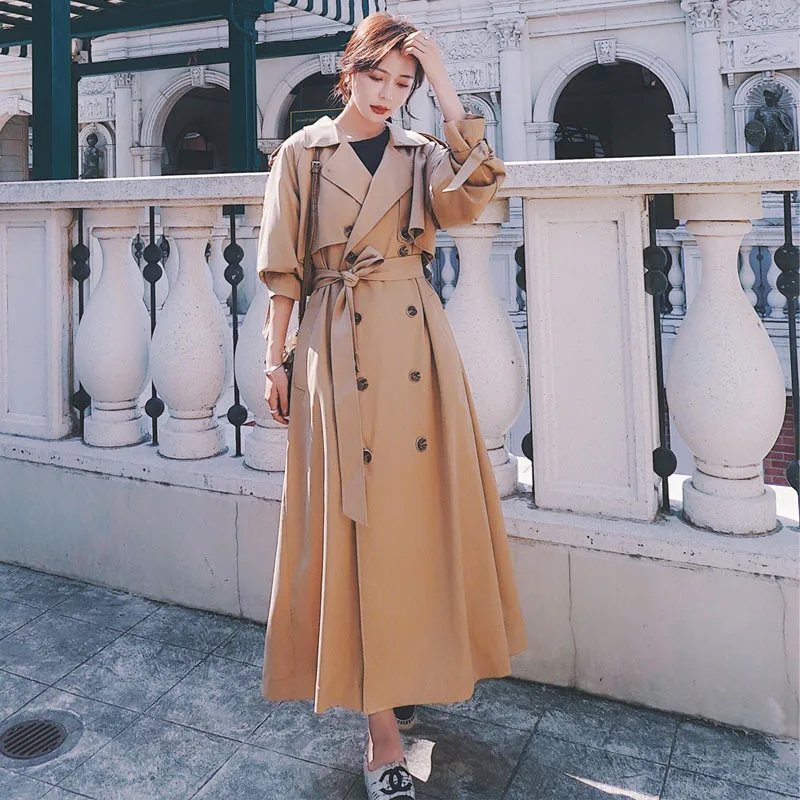 

Photo Shoot Khaki Hem Trench Coat Women's Long over-the-Knee Hong Kong Style Coat 2020 Spring And Autumn Loose-Fit Versitile Fas