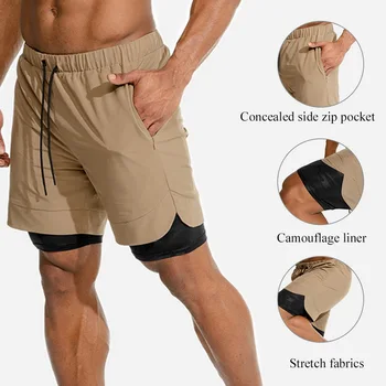 

Men's Casual Summer Fitness Pants Built-in Security Pockets Leisure Mesh Straight Men Shorts Quick-Drying 2 In 1 Running Shorts
