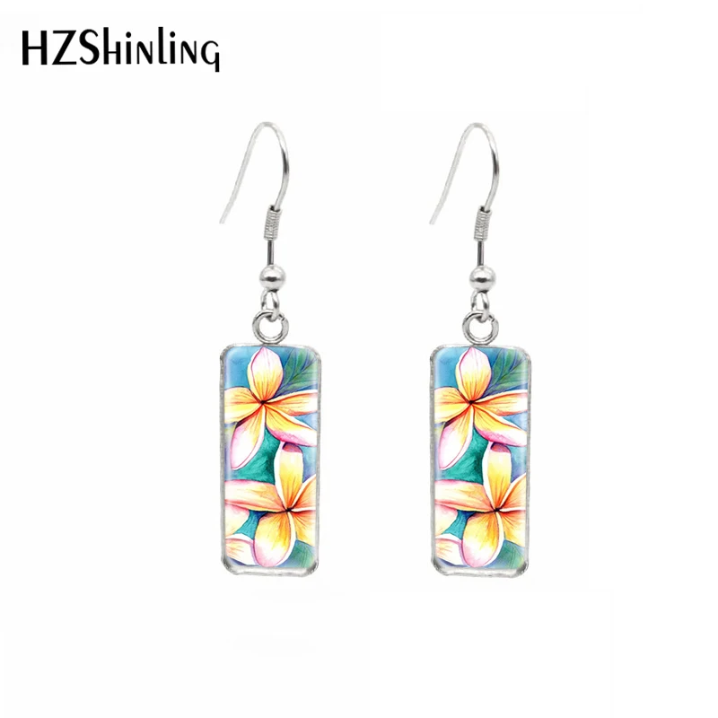 Vendita Calda Hawaii Fiore Tropicale Plumeria Dipinti Rettangolo Gancio Ciondola Orecchini Pendenti Cabochon In Vetro Gioielli Orecchio
