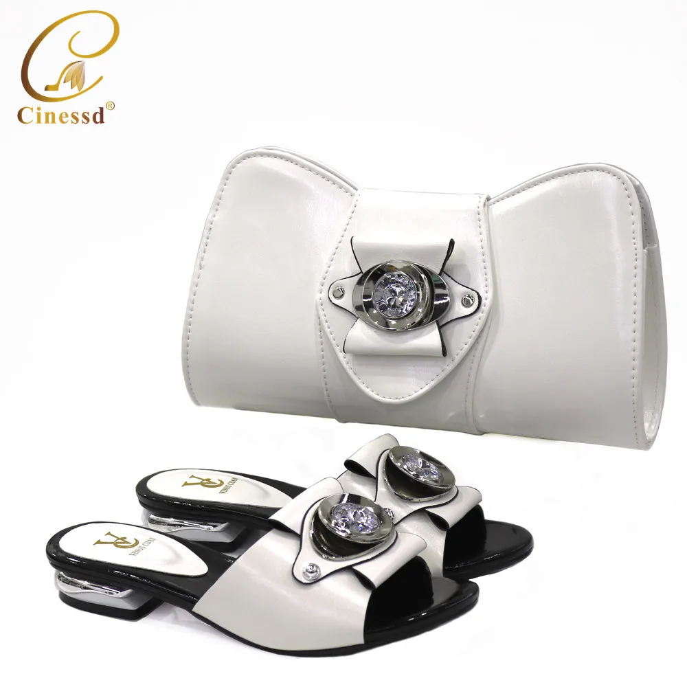 

White Fashionable African Slippers and Bag Set High Heels African Shoes with Matching Bags for Wedding Party