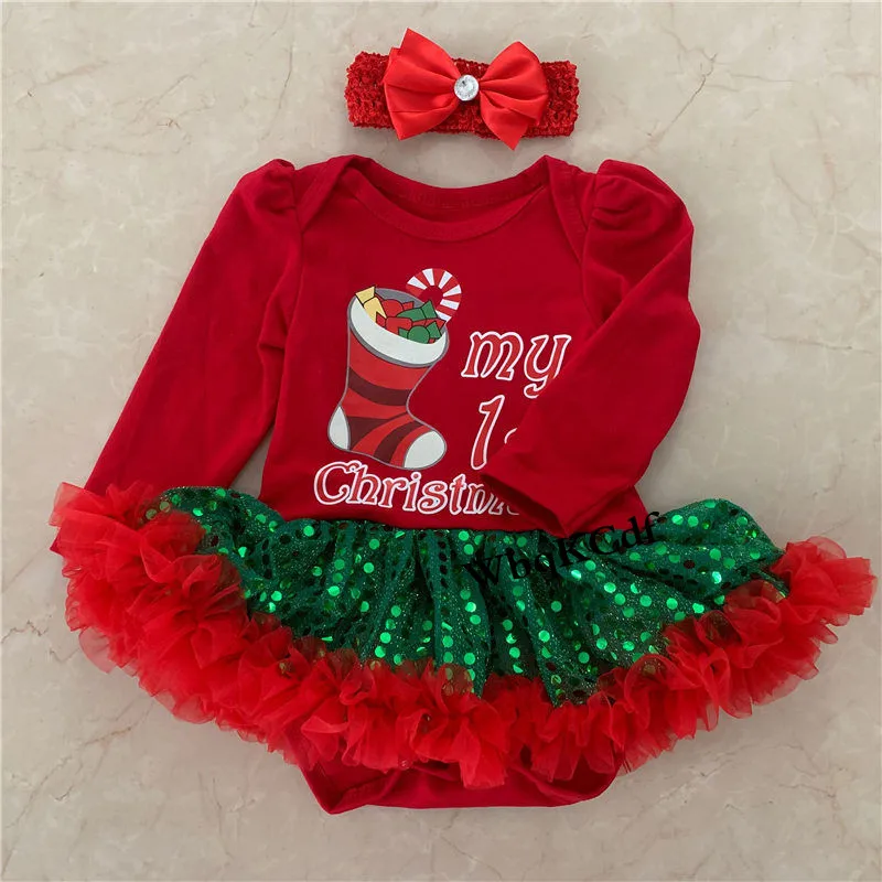 Лидер продаж; Рождественский костюм для малышей; Комбинезоны для маленьких мальчиков и девочек; кружевная пачка Комбинезоны с длинными рукавами и блестками для новорожденных; Новогодняя одежда Bebes