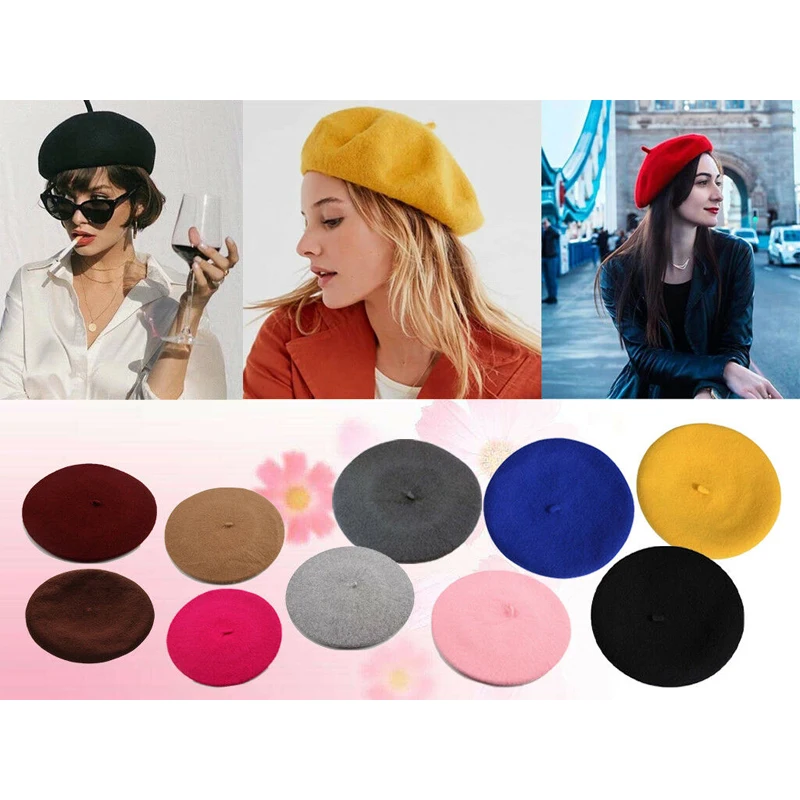 Зимние теплые береты из искусственной шерсти для женщин и девочек, Шапка-бини для французских художников, шапка, красные, черные, фиолетовые, бежевые, оранжевые каваи, топ на плоской подошве, теплые шапки