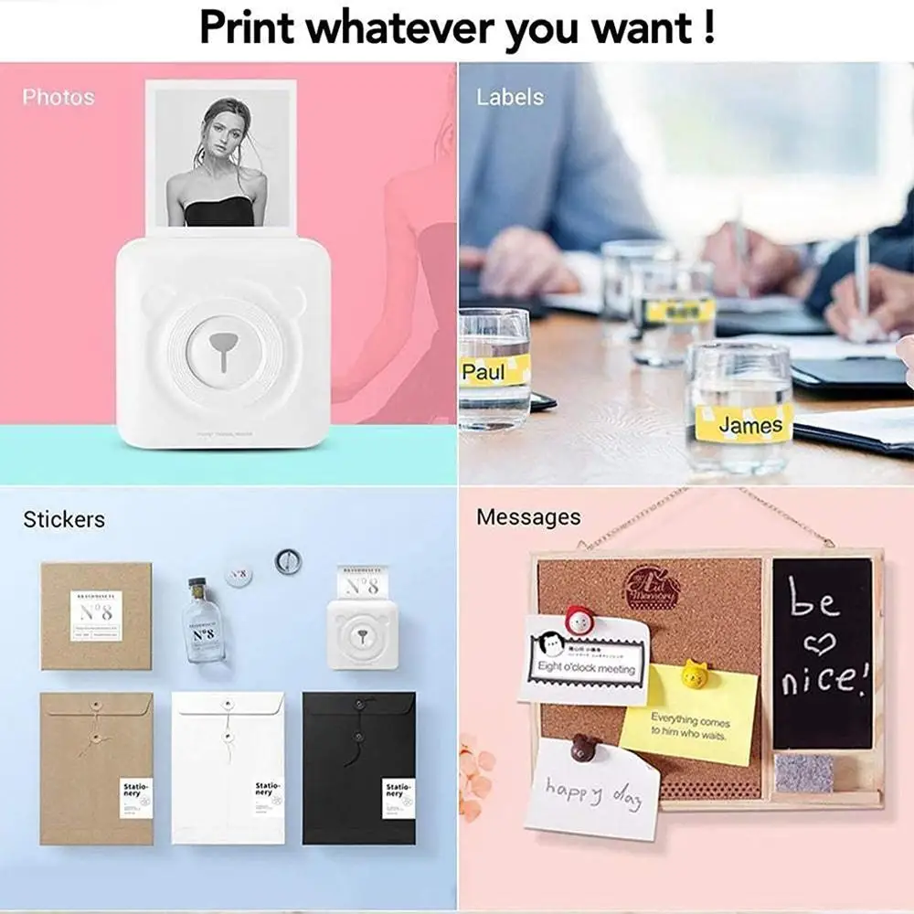 

Mini Portable Photo Printer,Thermal Wireless Bluetooth Label Maker with 6 Printing Paper, 58mm Instant Print Black-White Photo