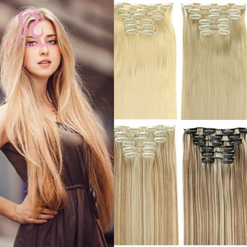 

Dropshipping Brazil 16 Clips 6Pcs/Set Hair Extensions Long Straight 22inches Brown Synthetic Hairpiece Heat Resistant Hair