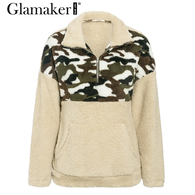 Shallow apricot Glamaker лоскутное флисовое пальто с животным принтом для женщин с заниженным плечом с длинным рукавом и стоячим воротником пуловер женский Осень Зима толстовка - Цвет: Shallow apricot
