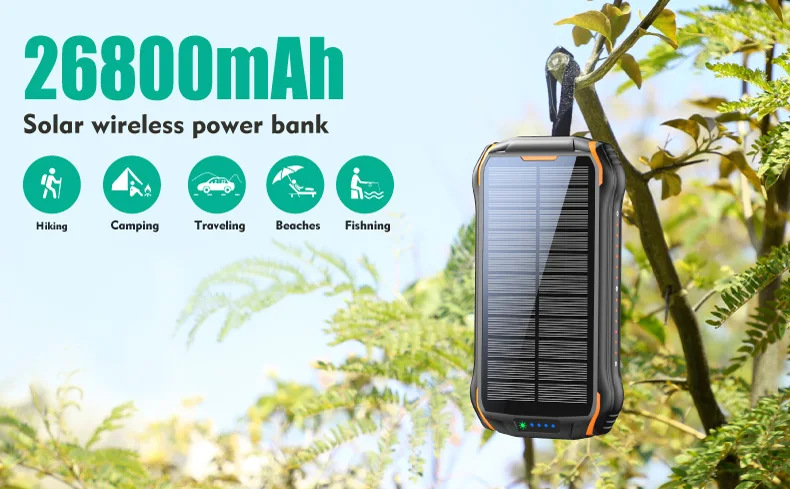 26800mAh Solar Power Bank Fast Qi Wireless Charger for iPhone 12 Samsung Xiaomi Poverbank Camping Light PD 18W Type C Powerbank power bank power bank