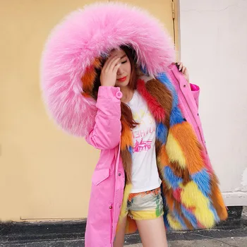 

2019 Real Fur Coat Winter Jacket Women Long Parka Big Natural Raccoon Fur Collar Hood Thick Warm Real Fox Fur Liner
