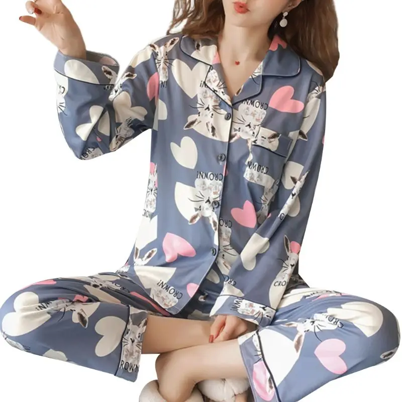 11 Женский пижамный комплект Kawaii С мультяшным принтом, пижама с длинным рукавом, на пуговицах, с круглым вырезом, свободные штаны, домашняя одежда, M-2XL, 19 видов стилей - Цвет: 11