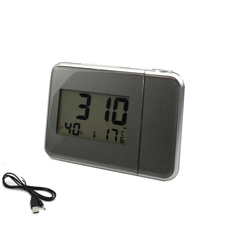 Gray With USB cable Time Projection Digital Alarm Clock With Weather Station Thermometer Calendar Date Display Changing Snooze LED Digital Clock - Цвет: Gray With USB cable