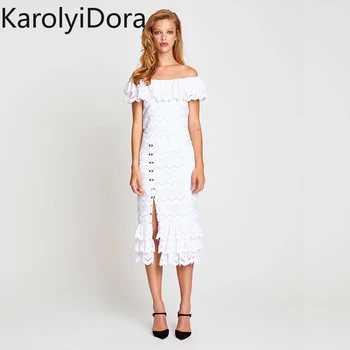 

Sexy Off Shoulder Slash Neck White Dress Women Summer 2019 Fashion Ruffles Split Hem Midi Bodycon Dress Elegant Party Vestidos