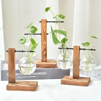 

Terrarium Hydroponic Plant Vases Vintage Flower Pot Transparent Vase Wooden Frame Glass Tabletop Plants Home Bonsai Decor
