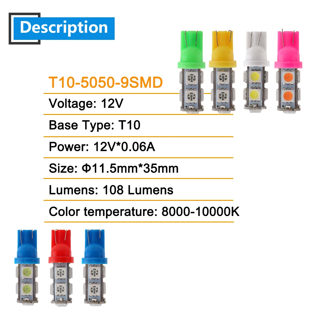 50 шт. T10 5050 9 SMD 12 В светодиодные лампы для автомобиля 194 168 192 W5W автомобильный внутренний инструмент для чтения дверных огней синий красный белый зеленый