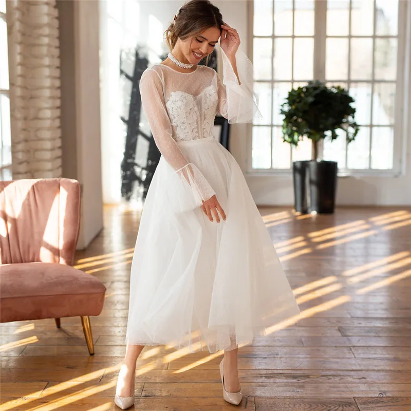 

Scoop Neck Long Sleeves A-Line Tea Length Wedding Dress 2021 Short Custom Women Bridal Gowns Buttons Back Spring Beach