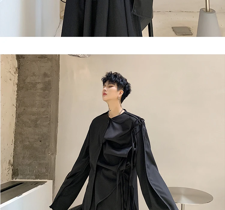 Men Fold Irregular Ribbon Splice Long Sleeve Casual Black Shirt Male Japan Style Streetwear Punk Gothic Shirts Stage Clothing