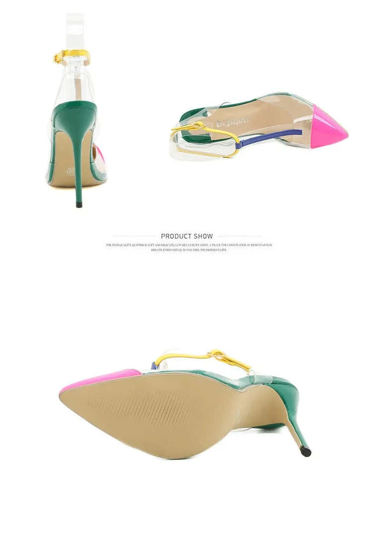 yellow box flip flops Rose Red Color Matching Transparent Pvc Pointed Toe Stiletto Heels Buckle Splicing High-Heeled Sandals 12 Cm Summer 2021 35-42 women's sandal heels