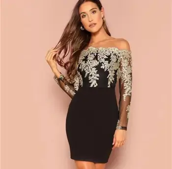 

Ladies HL Bandage Dress Long Sleeve Sexy Slash Neck Embroidery Bodycon Mini Dress Off the SHoulder Evening Party Dress