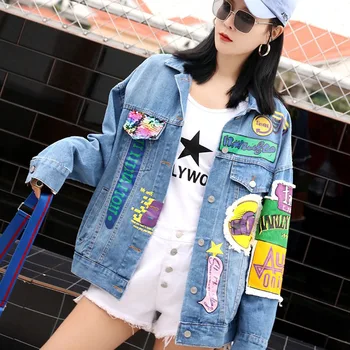 

Harajuku Loose Blue Denim Jacket Women's Spring Autumn High street Letters Printed Casual Jeans Jacket Female Student Basic coat