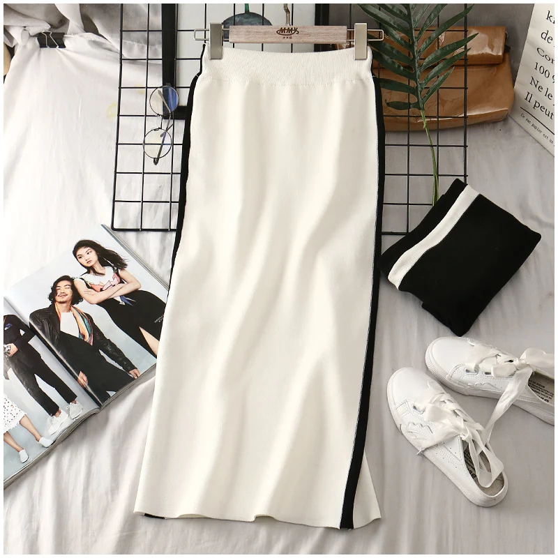 Трикотажные длинные юбки для женщин миди юбка голографическая до середины икры карандаш сторона полосатая одежда осень новый продукт