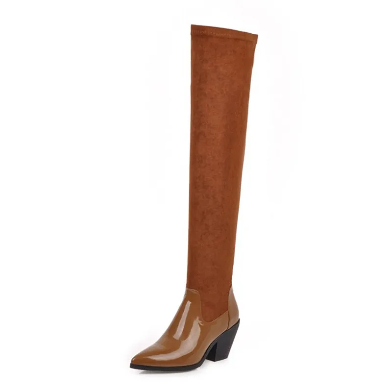 PXELENA/эластичные сапоги выше колена в стиле пэчворк; Женская Осенняя обувь; высокие сапоги до бедра на массивном каблуке; модный офисный женский вечеринка; повседневная обувь - Цвет: Camell