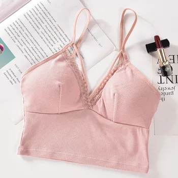 

Comfortable Women Lace Crop Top Deep V Tube Top Sexy Lace Bralette Wireless Lingerie Padded Brassiere Tanks Underwear Camis Tops