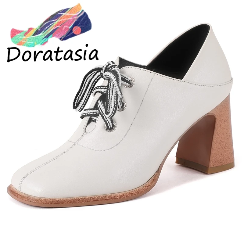 

DORATASIA New Brand Lady Pumps Genuine Leather Lace Up High Heels Square Toe Spring Pumps Women Casual OL Fashion Shoes Woman