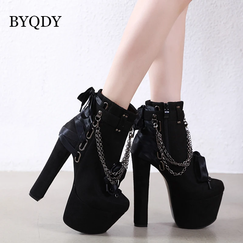 Skup BYQDY Sexy łańcuchy luksusowe kobiece buty zimowe grube szpilki platformy botki krótkie pluszowe USA botki motocyklowe hurtownie