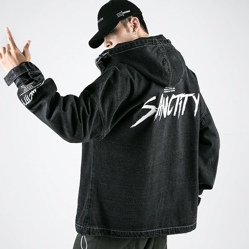 

NEW Autumn Japan Style Street Back Letters Printed Open Stitch Zipper Men's Hoodie Denim Jackets Casual Fashion Windbreak Coats