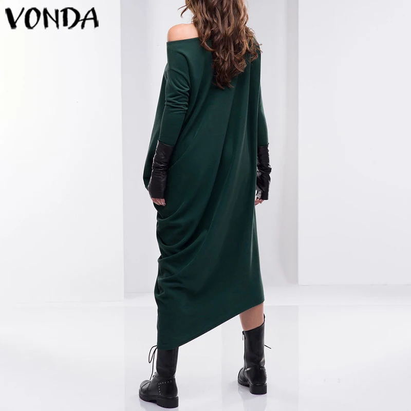 Асимметричное женское платье Сарафан VONDA осеннее повседневное свободное сексуальное платье с длинным рукавом до середины икры вечерние платья Vestidos S-5XL