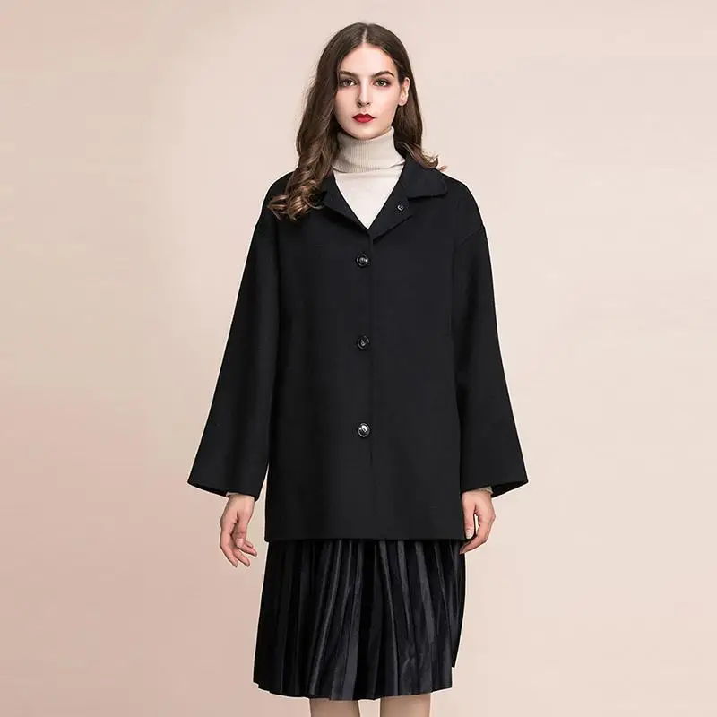 

New Arrival Fall and Winter Fashion Classic Black Long-sleeved Turn-collar Lace Open-forked Women's Double-sided Wool Overcoat
