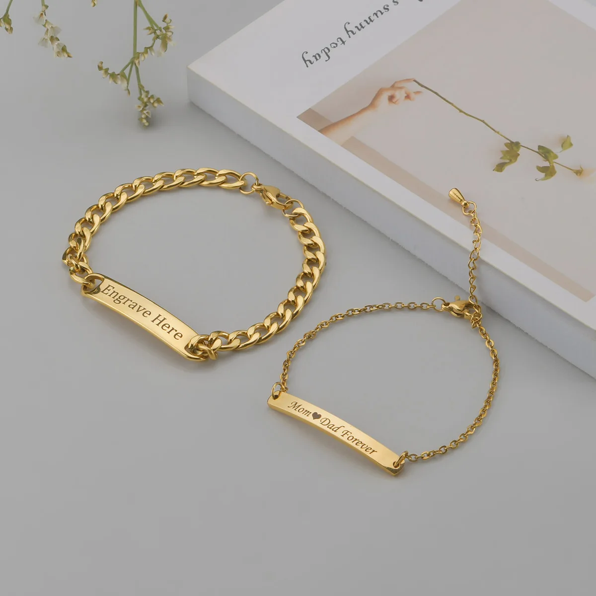 Akizoom Punk Engrave Name Custom Bracelets Gold Color
