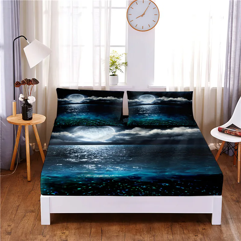 

Moonlit Night Digital Printed 3pc Polyester Fitted Sheet Mattress Cover Four Corners with Elastic Band Bed Sheet Pillowcases