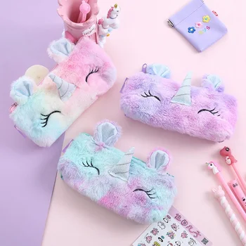 

Colorful Unicorn Pencil Case Plush Makeup Brush Bags Kawaii Girl Stationery Pencilcase Storage Bag Cute School Supplies