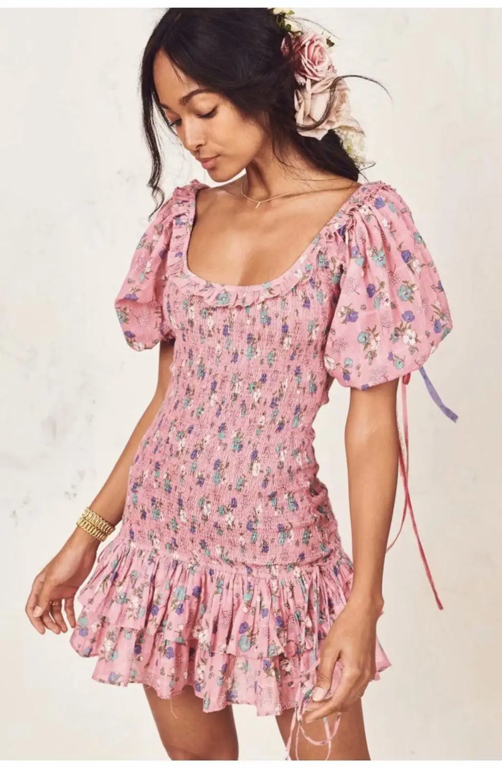 9145 Boho loveshackfancy осеннее платье бежевое с коротким рукавом и оборками тонкое праздничное ins bloggers особый интерес мини-платье женское - Цвет: 9145