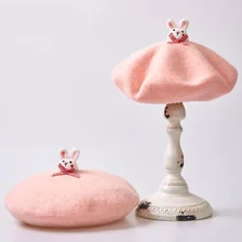 Шерстяные береты ручной работы, осенняя Милая женская шапка в форме кролика, женская зимняя теплая шерстяная береты, розовая шапка на День святого Валентина