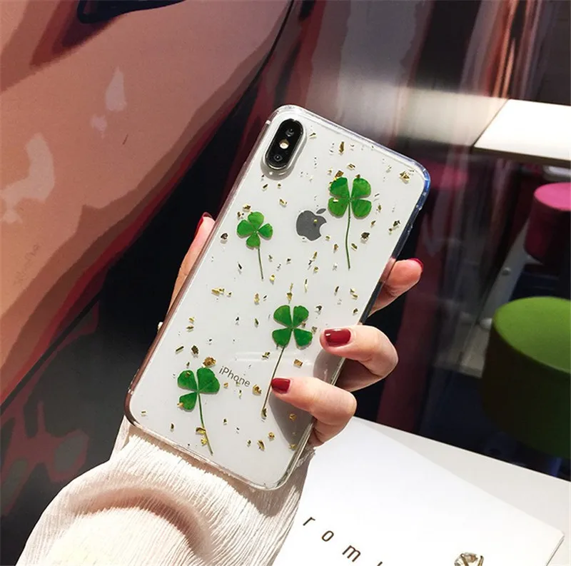 

case for iPhone 11 XR 7 8 11 Pro Max X XS Max Plus 6 6s cover four-leaf clover Dried real Drop-Resistant Case