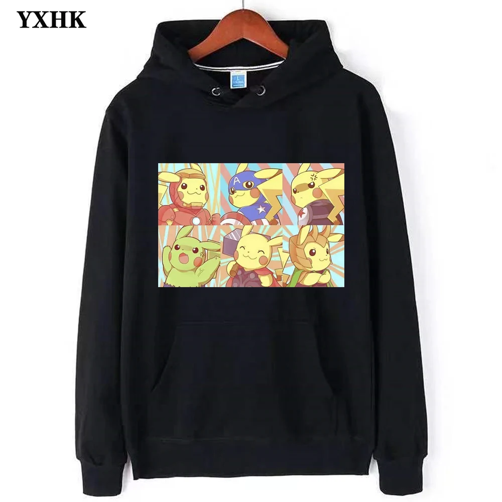 

2019 New Avengers Marvel Japanese Anime Lovely Pikachu Pokemon Men's Anime Hoodies Man Cotton Long Sleeve Hooded Sweatshirt Balr