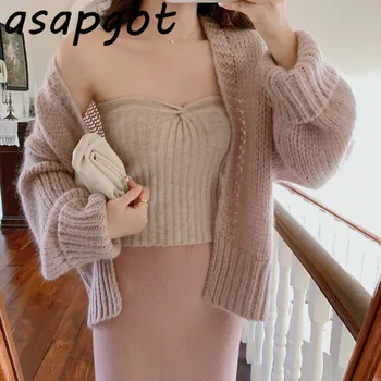 

Asapgot Chic Korea Qualities Gentle Mohair Loose Knit Sweater Top Fashion Sexy Camisole Slim Elastic High Waist Knit Skirt New