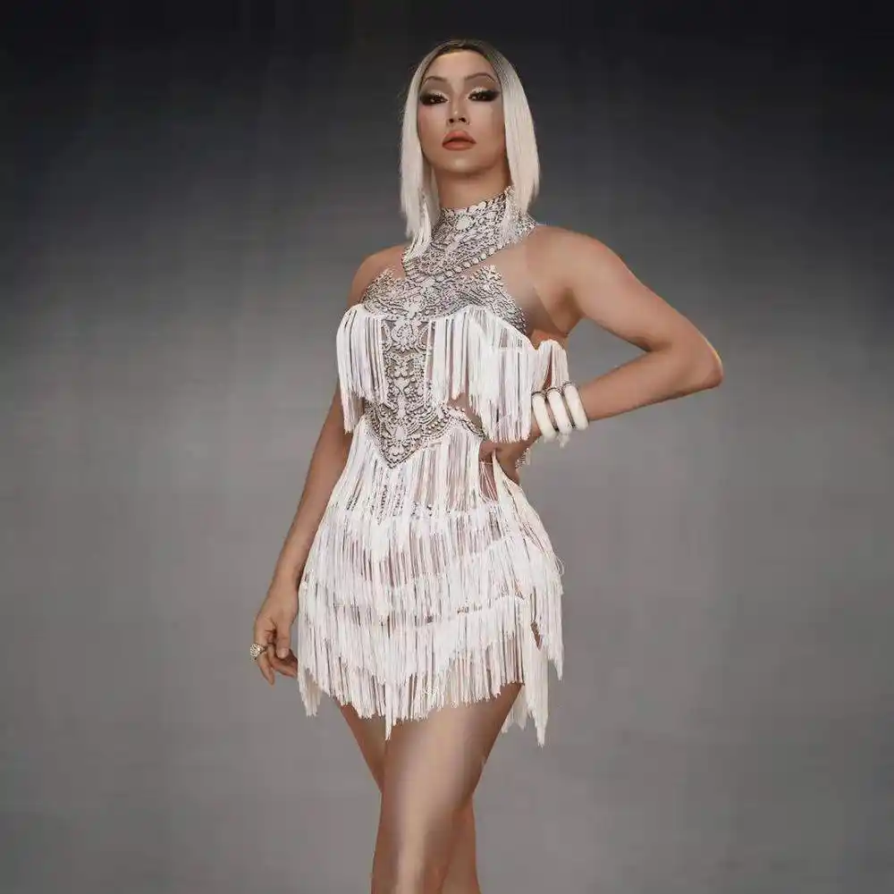 Vestido Blanco Con Flecos Para Mujer Sexi Traje Elastico Sin Mangas Para Escenario Disfraz Delgado Para Festival Fiesta De Cumpleanos Graduacion Vestido De Una Pieza Aliexpress
